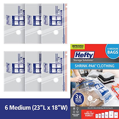Hefty Shrink-Pak Vacuum Storage Bags - Space Saver for Under Bed Storage, Clothing and Comforters, 3X More Storage Space, 6 Medium Zipper Bags - style: 6 Medium / Clothing