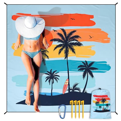 HIHOHO Beach Blanket Waterproof Sandproof Extra Large Beach Mat 79" X 83"/120"x108"for 1-8 Adults Quick Drying Durable Outdoor Picnic Mat for Beach Travel Camping Hiking - color: Coconut Tree - Rainbow - Light Blue, size: 79" X 83"（1~3 person）