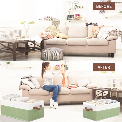 3 Pack Large Capacity Storage Bins Closet Organizer for Shelves, Fabric Closet Storage Baskets Boxes with Leather Handles for Organizing Clothes, Sheets, Jeans, Toys, Books (Green) - style: 3 Pack Green & White