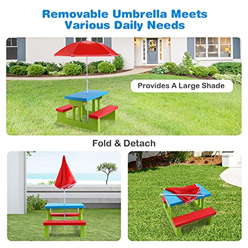 ARMILE Kids Picnic Table, Kids indoor & Outdoor Table and Bench set with Removable & Foldable Umbrella, Portable Toddler Plastic Picnic Table for Patio, Backyard, Ideal Gift for Boys Girls(Red)