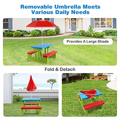 ARMILE Kids Picnic Table, Kids indoor & Outdoor Table and Bench set with Removable & Foldable Umbrella, Portable Toddler Plastic Picnic Table for Patio, Backyard, Ideal Gift for Boys Girls(Red)