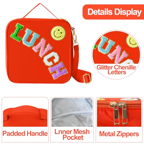 Insulated Lunch Bag With Adjustable Shoulder Strap, Nylon Preppy Lunch Box Large Insulated Lunch Bag Reusable Lunch Tote Bag with Smiley Preppy LunchBag for Girls School Travel Picnic (Orange) - color: Orange