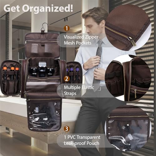 Toiletry Bag for Men Women, Travel Hanging Dopp Kit Organizer, Full Grain Leather Large Shaving Cosmetic Essentials, Gifts for Husband/Dad/Business Traveler, Fits Most Standard Bathroom Toiletries - color: DarkBrown