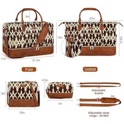 ITIEZY Weekender Overnight Bag for Women - Large Travel Duffel Bag with Shoe Compartment, Gym Duffel Bag Hospital Bag Carry On Tote Bags for Airplanes with Crossbody Bag Toiletry Bag 3Pcs Set - color: 8b-Brown