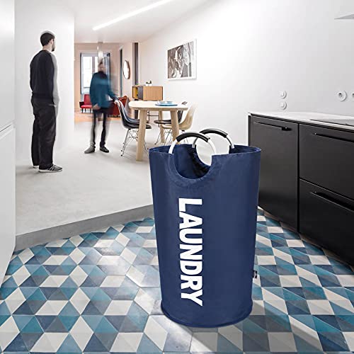 DOKEHOM 90L Large Laundry Basket, Collapsible Laundry Bag, Freestanding Tall Clothes Hamper, Foldable Washing Bin (Dark Blue) - color: Dark Blue, size: 90L