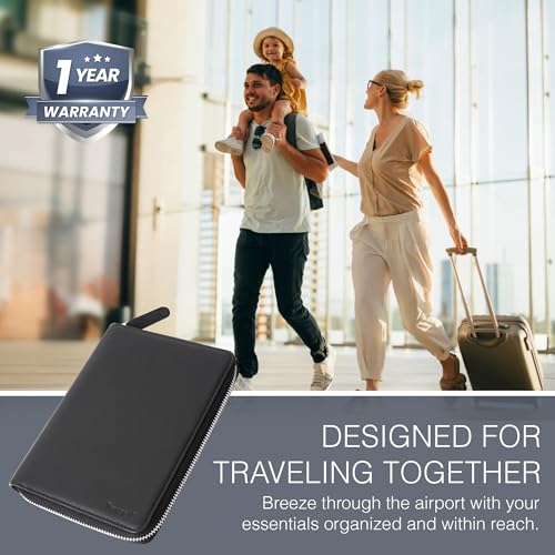 Full Grain Leather Family Passport Holder for 4 Passports - RFID Passport Holder and Travel Document Organizer - Large Leather Travel Wallet for Families - Black - color: Black