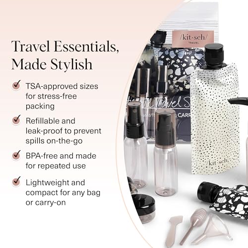 Kitsch 11 PCS Travel Containers for Toiletries – Travel Essentials Kit for Shampoo, & More - TSA Approved Bottles for Travel Size Toiletries, Leak-Proof Refillable Travel Containers - Black & Ivory