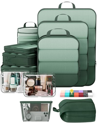 Veken 11-Pack Compression Packing Cubes for Travel Essentials,Compressible Expandable Large Luggage Suitcase Organizer Bags for Clothing,Durable Space Saver Bags with Toiletry Bags(Dark Green) - color: Dark Green, size: 11 set