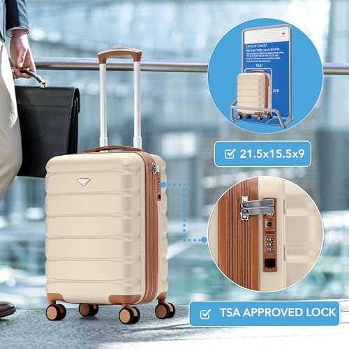 Flight Knight 21.5x15.5x9 Expandable Carry On Suitcase Hardside TSA Lock & USB C Port Lightweight Luggage Silent Double Spinner Wheels Maximum Canada Air Overhead Bag Airlines Approved Cream - color: Cream/Tan, size: 21.5x15.5x9"