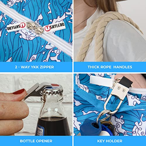 Beach Bag and Pool Bag Has Cooler Pocket, 7 Pockets Total, Zip Top. Family Size Waterproof Beach Tote - color: Ocean Waves