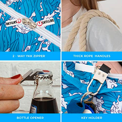 Beach Bag and Pool Bag Has Cooler Pocket, 7 Pockets Total, Zip Top. Family Size Waterproof Beach Tote - color: Ocean Waves