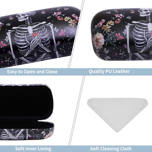 PERFECTSIGHT Sunglasses Case, Large Hard Shell Glasses Case, Cute PU Leather Protective Eyeglasses Case for Women Men - color: Black Skull