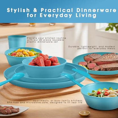 40 Piece Plastic Dinnerware Set for 8 with Cutlery, Unbreakable Plates and Bowls Set, Dishwasher & Microwave Safe Reusable Dish Set for Camping, RV, Outdoor Kitchen, Apartment Dining, Teal - color: Blue