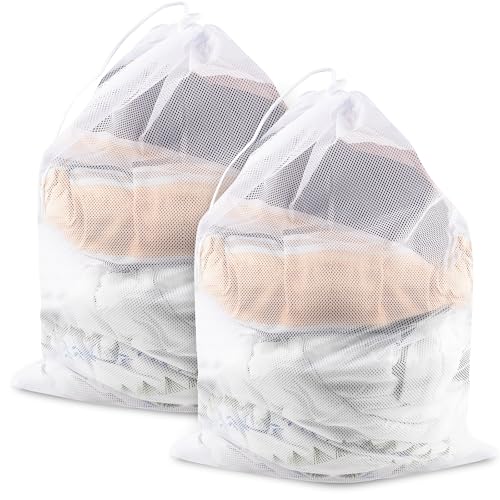 2 Pack Large Mesh Laundry Bags, 24" x 36" Heavy Duty Strong Drawstring Dirty Clothes Bags with Soft Breathable Net, Machine Washable Laundry Bag for College, Dorm, Camp, Travel and Family Use(White) - color: White