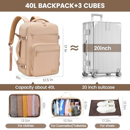 LOVEVOOK Travel Backpack For Women,40L Carry On Backpack Flight Approved,TSA Personal Item Travel Bag Fits 17 Inch Laptop,Business Weekender Overnight Daypack with Toiletry Bag and Cubes - color: Light Khaki, size: 17.3 Inch-40L-4Pcs