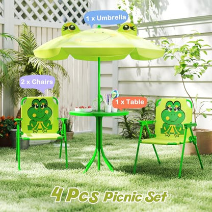 HONEY JOY Kids Picnic Table, Animal Themed Toddler Outdoor Table and Chair Set, 2 Folding Chairs & Removable Umbrella, Children Outdoor Furniture for Backyard Patio Garden (Light Green Frog) - color: Light Green Frog