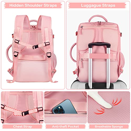 Hanples Carry on Travel Backpack for Women, Large 35L Personal Item Luggage Backpack,17 inch Laptop Backpack TSA Flight Approved, Travel Essentials Casual Daypack with 2 Toiletry Bags (Pink) - color: Pink, size: Large