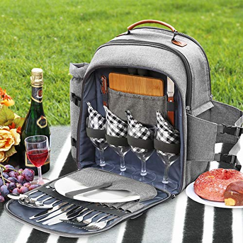 Sunflora Picnic Backpack for 4 Person Set Pack with Insulated Waterproof Pouch for Family Outdoor Camping (Gray) - color: Gray, size: 4 person