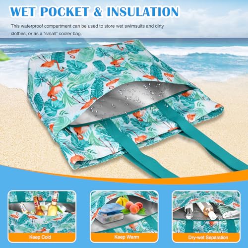 HUANLANG Large Beach Bags for Women Pool Bag with Zipper, Waterproof Sandproof Beach Tote Travel Bag with Wet Pocket - color: Green Forest Flamingo
