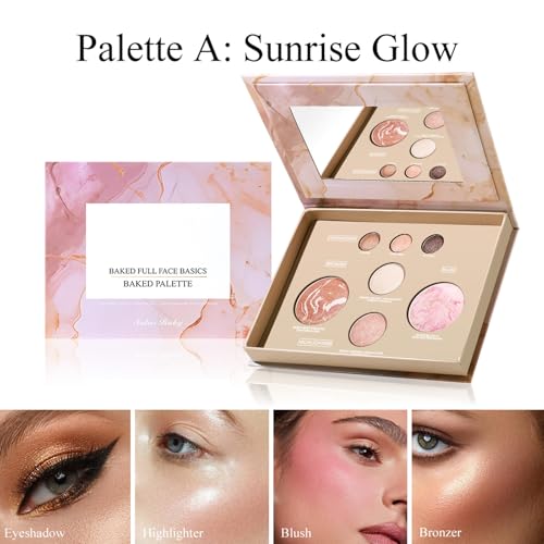 All-in-One Baked Makeup Palette with 3 Eyeshadows, 2 Highlighters, 1 Blush & 1 Bronzer - Highly Pigmented, Silky Smooth, Easy to Blend Full Face Make Up Pallet, Travel-Friendly Makeup Kit (01) - color: 01