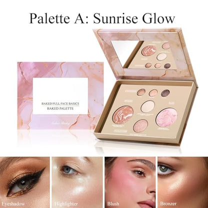 All-in-One Baked Makeup Palette with 3 Eyeshadows, 2 Highlighters, 1 Blush & 1 Bronzer - Highly Pigmented, Silky Smooth, Easy to Blend Full Face Make Up Pallet, Travel-Friendly Makeup Kit (01) - color: 01
