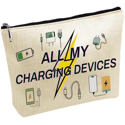 CREATCABIN Charging Cable Organizer Bag All My Charging Devices Bag for Toiletry Travel Washing Storage Portable Makeup Canvas Cosmetic Multi Purpose Pouches for Women Friends 10x7Inch - style: All My Charging Devices