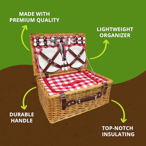 Nature Gear Picnic Basket, Wicker Basket with Handle for Outdoors, Insulated Woven Basket, Includes a Service Kit of Dinnerware & Wine Glasses, Picnic Basket Set for 4, Red & White - color: Red & White