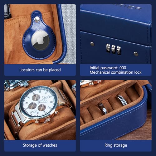 KAMIER Watch Case with Combination Lock - 4 Watch Storage and Jewelry Organizer - Watch Travel Case for Ring and Watch Storage, PU Leather Travel Watch Case, Ideal for Gift (With Gift Box),Blue - color: Blue