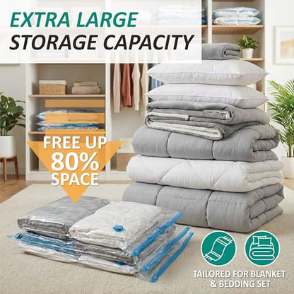 Cozy Essential Vacuum Storage Bags, 80% Compression Vacuum Seal Space Saver Plastic Packaging Bags for Clothes, Blankets, Pillow, Bedding, Comforters, Sealer Clothing Storage,6 Jumbo