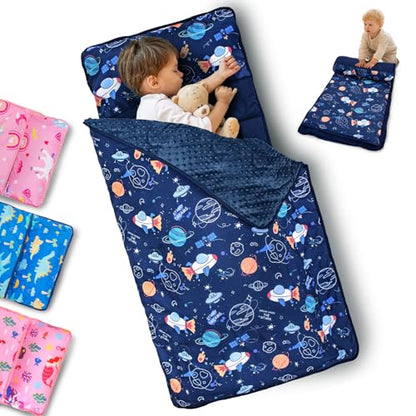Primlect Toddler Nap Mat with Removable Pillow and Fleece Blanket, Extra Large 55''x35'' Sleeping Bag, Washable, Light, Easy to Roll up, Perfect for Daycare, Preschool, Kindergarten, Travel - color: Space Ship