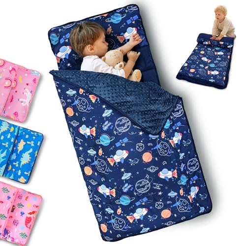 Primlect Toddler Nap Mat with Removable Pillow and Fleece Blanket, Extra Large 55''x35'' Sleeping Bag, Washable, Light, Easy to Roll up, Perfect for Daycare, Preschool, Kindergarten, Travel - color: Space Ship