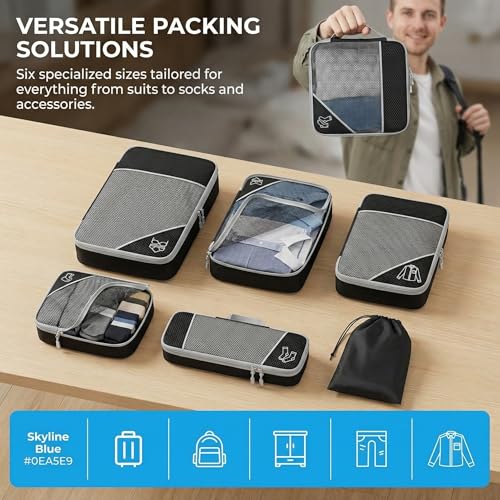 6Pcs Compression Packing Cubes Set, Waterproof Travel Luggage Organizer with Drawstring Bag, Lightweight Nylon Suitcase Storage Bags for Travel Camping Business Trip - color: Red