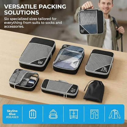 6Pcs Compression Packing Cubes Set, Waterproof Travel Luggage Organizer with Drawstring Bag, Lightweight Nylon Suitcase Storage Bags for Travel Camping Business Trip - color: Blue