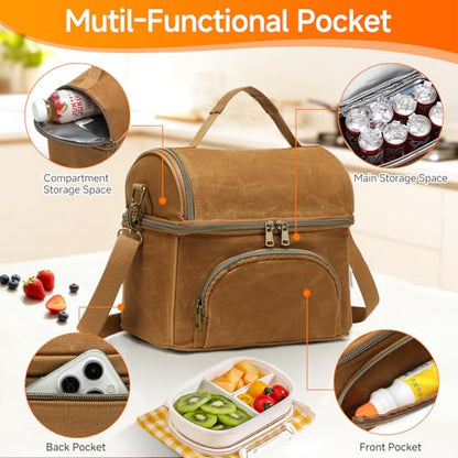 Waxed Canvas Lunch Bag with 2 XL Ice Packs, Canvas Lunch Box, Lunch Cooler for Men Work, 10.5L 2 Compartments Insulated Leakproof Cooler Bags for Camping, Beach and Road Trips - color: Biscuit Yellow