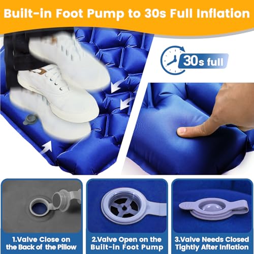 Camping Sleeping Pad 4-Inch Thick with Foot Pump & Pillow, Inflatable Sleeping Mat for Side Sleepers, Stays Firm All Night, Lightweight for Hiking, Backpacking & Tent Camping - color: Royal Blue+gray
