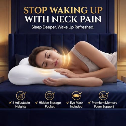 Low-Profile Cervical Memory Foam Pillow for Side & Back Sleepers, Ergonomic Neck Support, Cool-Touch Cover, Gentle Contour Design, Thin Zip Spacer Pouch & Sleep Eye Mask Included
