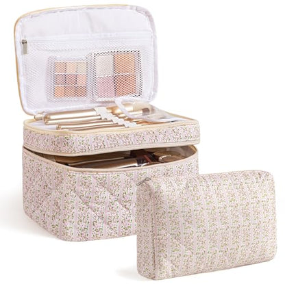 HBselect 2Pcs Travel Makeup Bag, Large Cotton Quilted Makeup Bag Cosmetic Bag Cute Make up Bag Toiletry Bags for Women Girls - color: 2PCS-FLOWER4