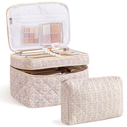 HBselect 2Pcs Travel Makeup Bag, Large Cotton Quilted Makeup Bag Cosmetic Bag Cute Make up Bag Toiletry Bags for Women Girls - color: 2PCS-FLOWER4