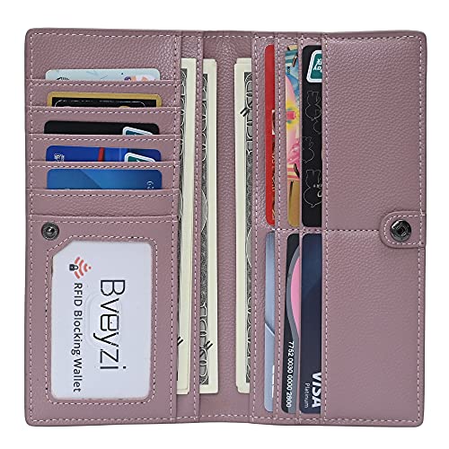 Bveyzi Ultra Slim Thin Leather RFID Blocking Credit Card Holder Bifold Clutch Wallets for Women - color: Dark Pink