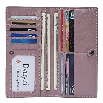 Bveyzi Ultra Slim Thin Leather RFID Blocking Credit Card Holder Bifold Clutch Wallets for Women - color: Dark Pink