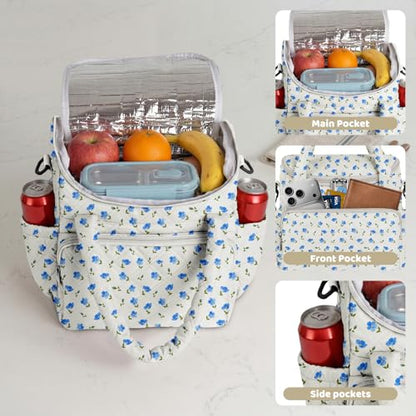 Women's Insulated Lunch Tote Bag - Inch Quilted Lunch Box for Women, Large Waterproof Cooler Bag with Pockets for Work, Picnic, Adult (blue flower) - color: blue flower
