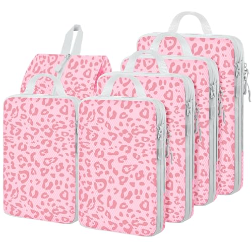 6 Set Compression Packing Cubes, Suitcase Organizer, Lightweight Travel Essentials, Compression Bags For Travel Accessories Luggage Storage Set (6Pcs, Pink Leopard) - color: Pink Leopard-6pcs, size: Set of 6