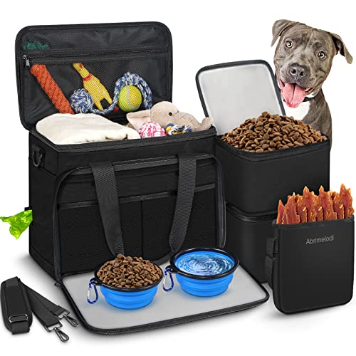 6 Set Dog Travel Bag, Large Pet Travel Kit for Supplies Includes 2 Food Containers, 1 Pet Organizer for Dogs, 2 Collapsible Bowls, 1 Treat Pouch, Dog Weekend Overnight Bag Luggage, Black - color: Black