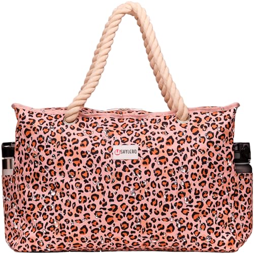 Beach Bag and Pool Bag Has Cooler Pocket, 7 Pockets Total, Zip Top. Family Size Waterproof Beach Tote - color: Leopard