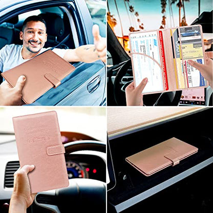 RSAquar Car Registration and Insurance Holder, Leather Car Glove Box Organizer, Cool Car Accessories for ID, Driver's License Cards & Essential Document, Men&Women, Rose Gold - color: Rose Gold
