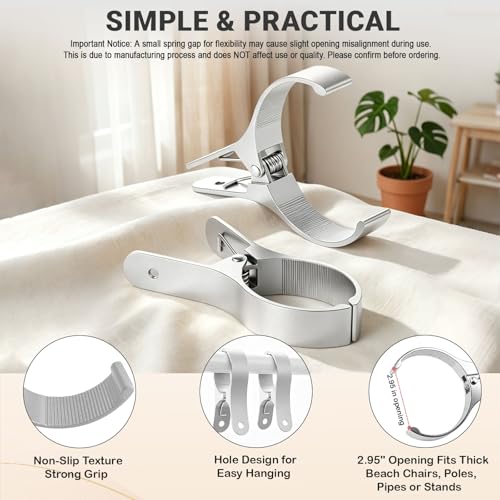 4 PCS Extra Large Beach Towel Clips,5.1 Inches Heavy Duty Aluminum Alloy + Stainless Steel Clip for Chairs,2.95 Inch Opening,Portable Windproof Cruise Ship Essentials,for Laundry,Camping and Travel - color: Silver