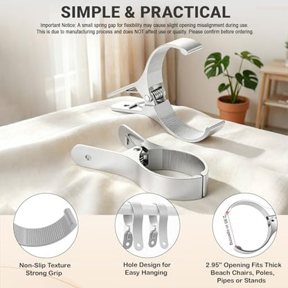 4 PCS Extra Large Beach Towel Clips,5.1 Inches Heavy Duty Aluminum Alloy + Stainless Steel Clip for Chairs,2.95 Inch Opening,Portable Windproof Cruise Ship Essentials,for Laundry,Camping and Travel - color: Silver