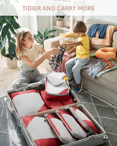 Meowoo 7 Set Compression Packing Cubes for Travel, Durable Ripstop Mesh Suitcase Organizer with Shoe Bag, Ultralight & Expandable Space Saver Travel Cubes - color: Red