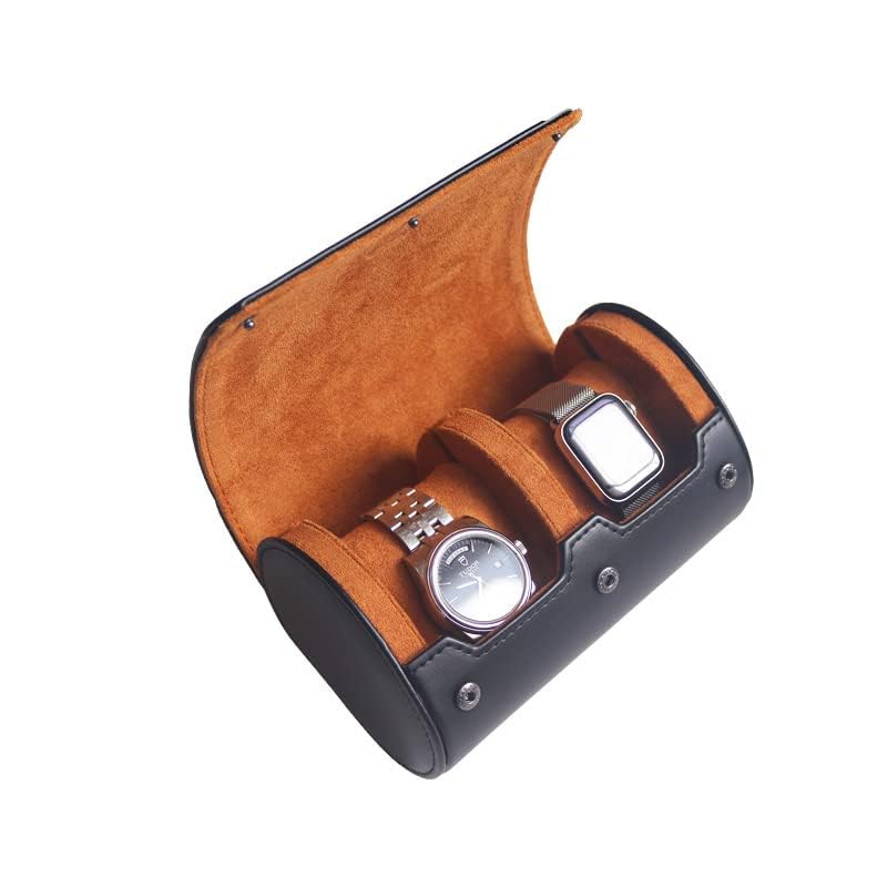 2 Watch Travel Case for Men - Double Roll Gift Accessory With Plush Velvet/Suede Interior, Leather Holder (Black) - color: BLACK