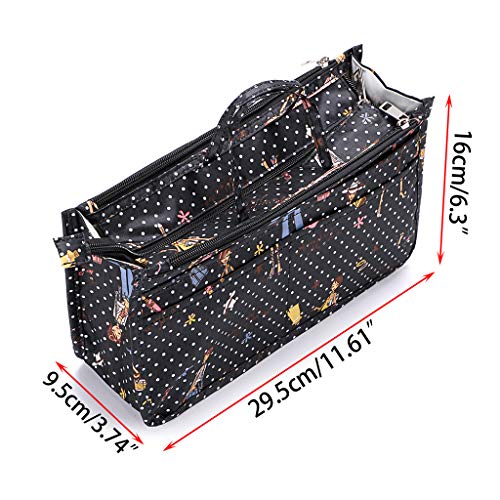BTSKY Printing Handbag Organizers Inside Purse Insert-High Capacity 13 Pockets Bag Tote Organizer with Handle Fashion Style - color: Black+Pink
